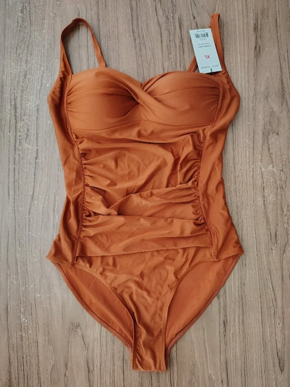 NWT! Betsey Johnson Ruched Bandeau One-Piece Swimsuit Brown Tummy Control Sz XL